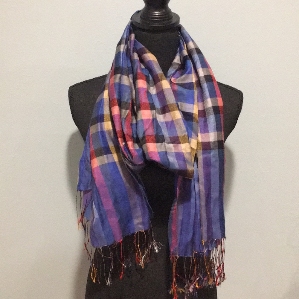 Versatile Multi-colored Plaid Scarf with Fringe